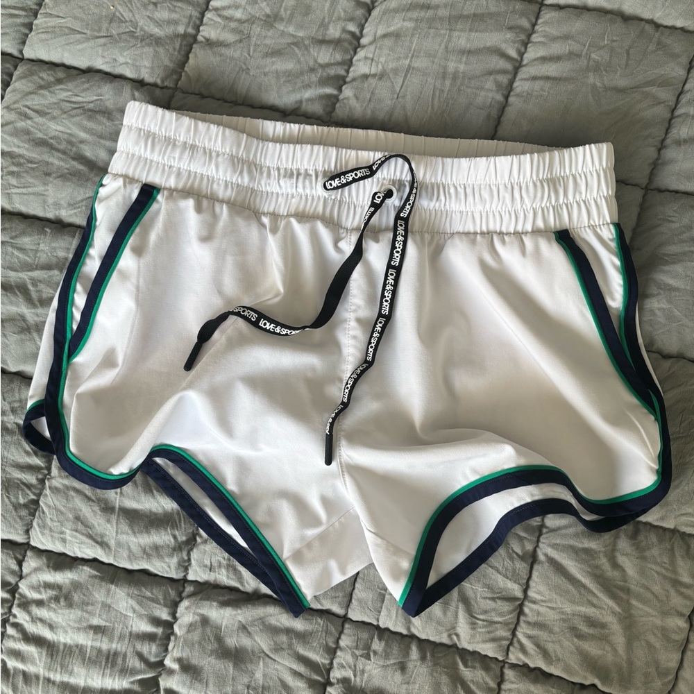 Love & Sports -White and Green Athletic Shorts with Elastic Waistband